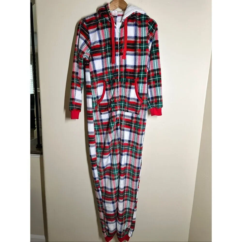 Holiday Time Red White and Green Plaid Pajama One Piece Size XS New